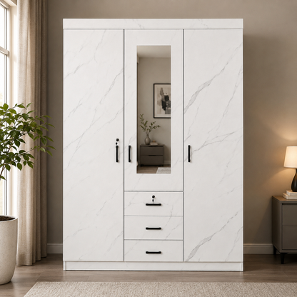 3 Door Wardrobe with Mirror – White Marble Finish Model No. H3