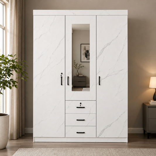 3 Door Wardrobe with Mirror – White Marble Finish Model No. H3
