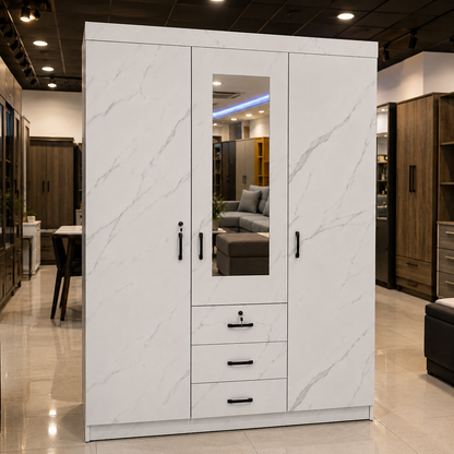 3 Door Wardrobe with Mirror – White Marble Finish Model No. H3