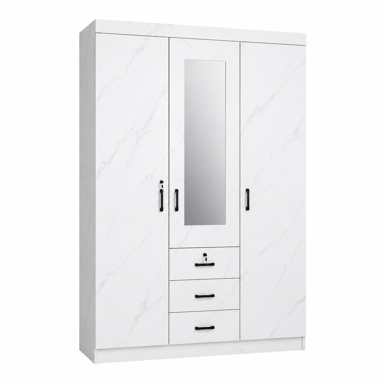 3 Door Wardrobe with Mirror – White Marble Finish Model No. H3