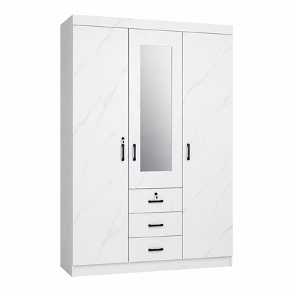3 Door Wardrobe with Mirror – White Marble Finish Model No. H3