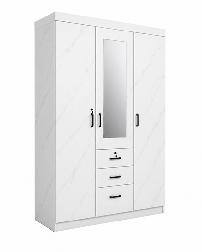 3 Door Wardrobe with Mirror – White Marble Finish Model No. H3