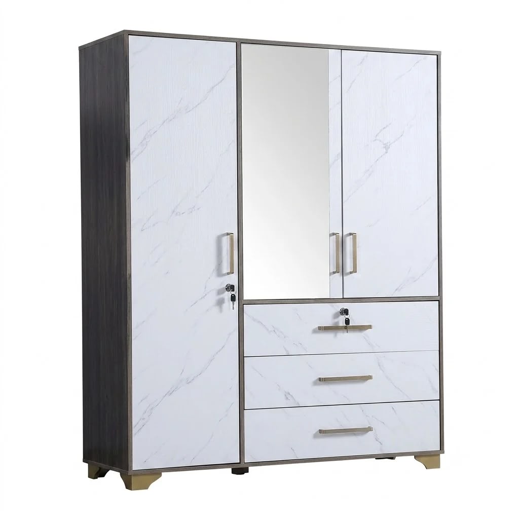Modern 3-Door Wardrobe with Mirror &amp; Drawers Model No. T3